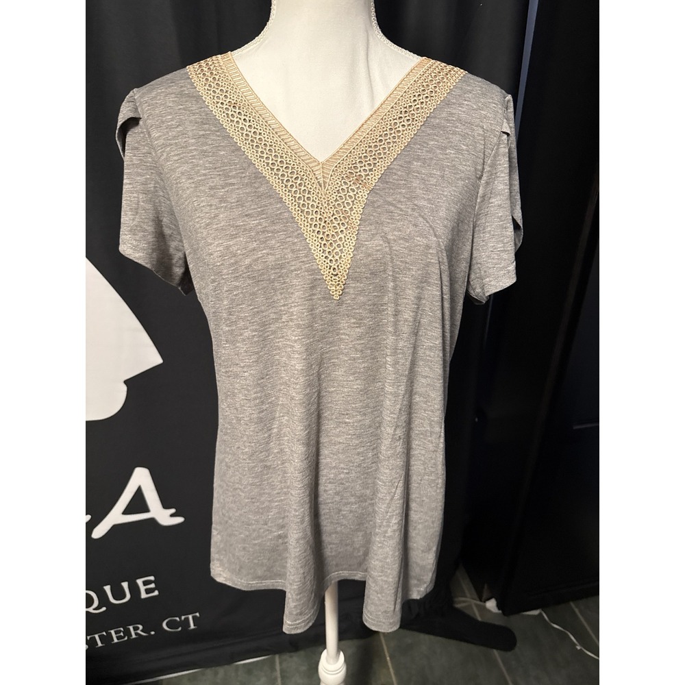 Womens Heather Gray Crochet Lace V-Neck Top Short Tulip Sleeve Blouse Large